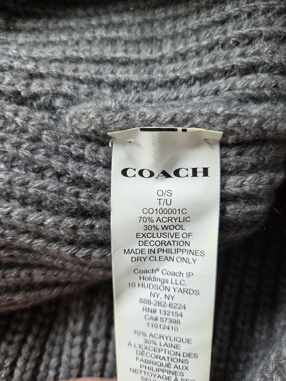 Coach Wool Gray Ribbed Cuff Logo Beanie Hat - Picture 3 of 3